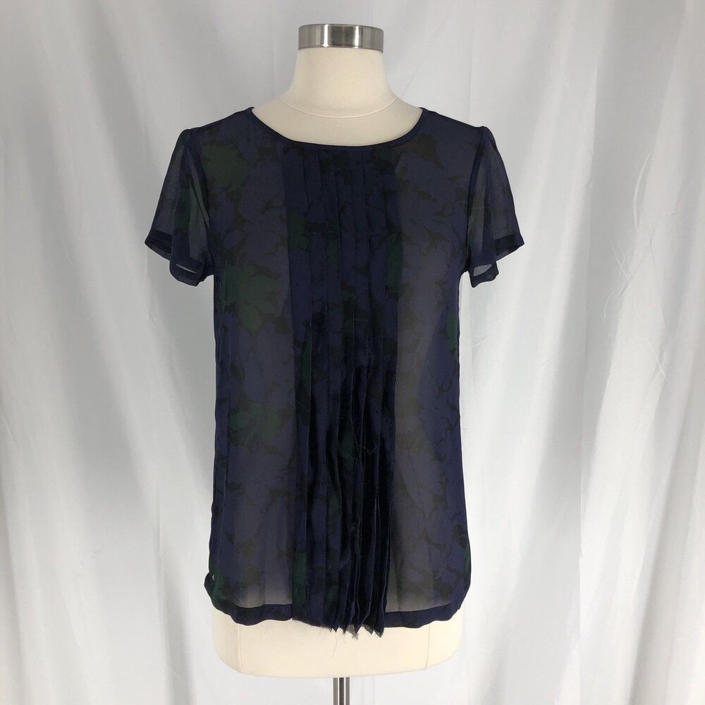 LOFT Sheer Floral Pleated Front Blouse Navy Green Black Short Sleeve XS Top